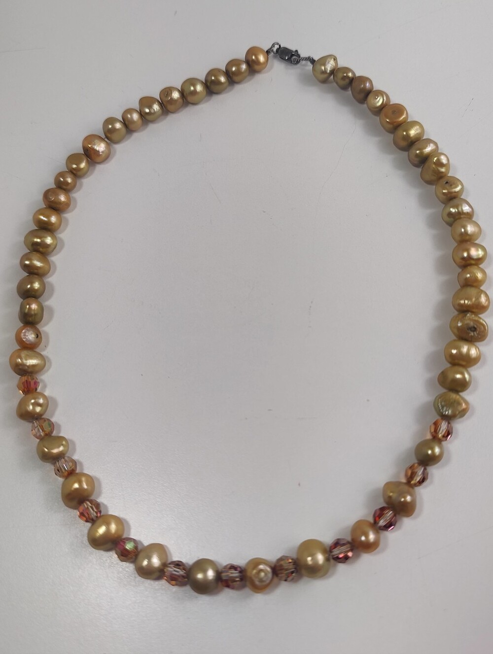 18” Golden Baroque Pearl Necklace 925 Sterling Clasp AB Crystal Beads